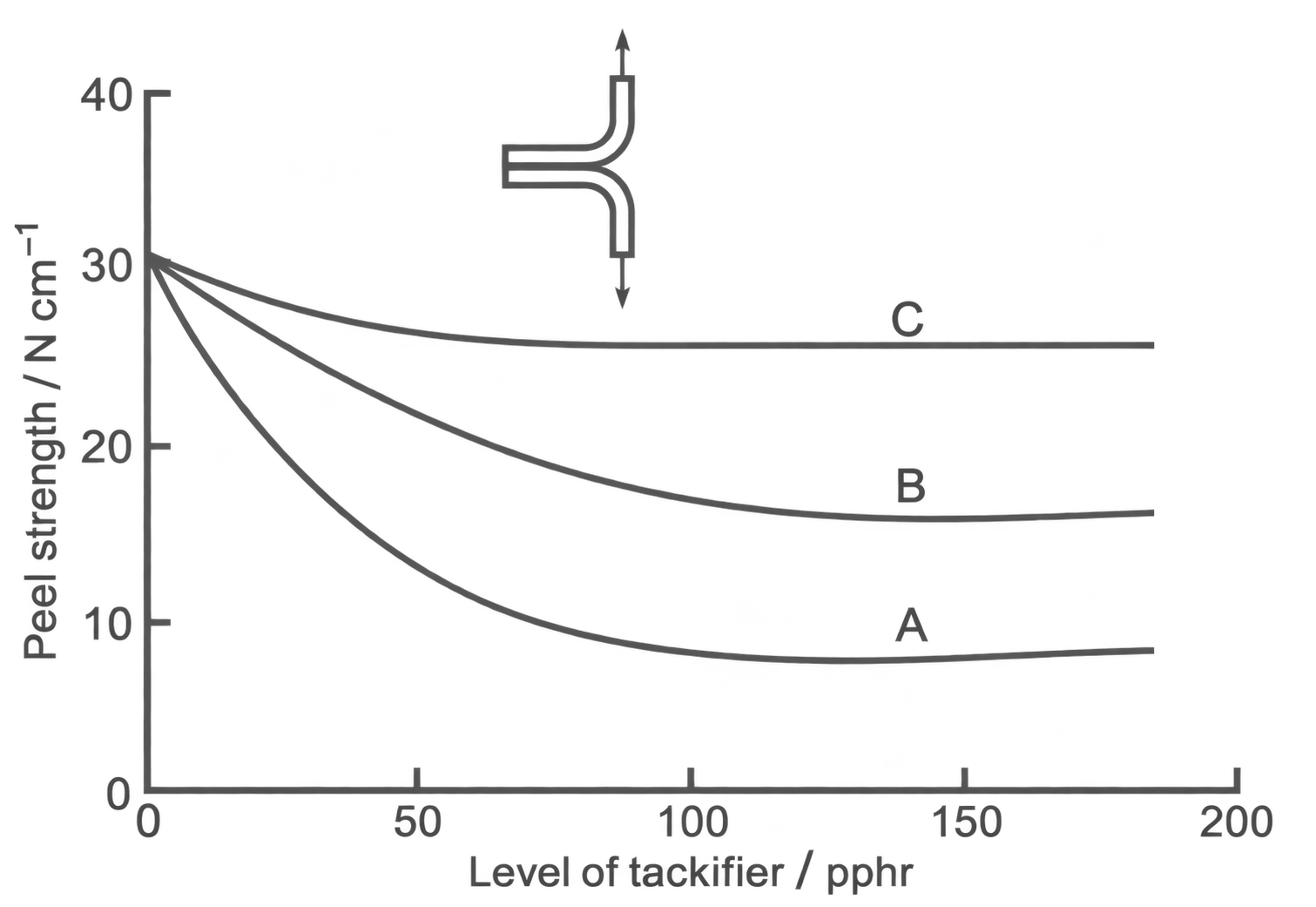 180° peel of two duck layers bonded with a polychloroprene latex adhesive. Axis: peel strength in N cm⁻¹.